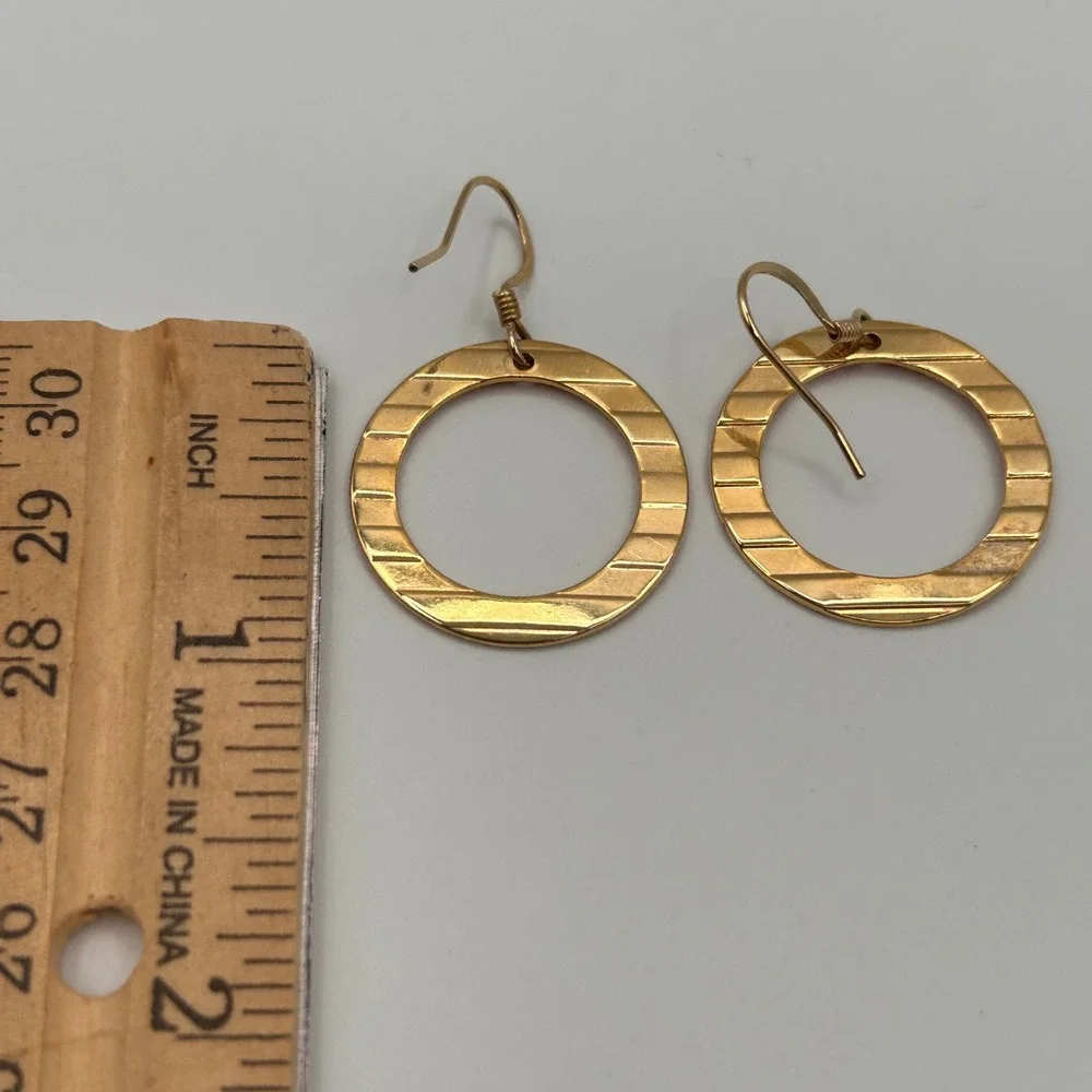 Coral Striped Enamel Gold Tone Circle Dangle Drop Earrings French Wire